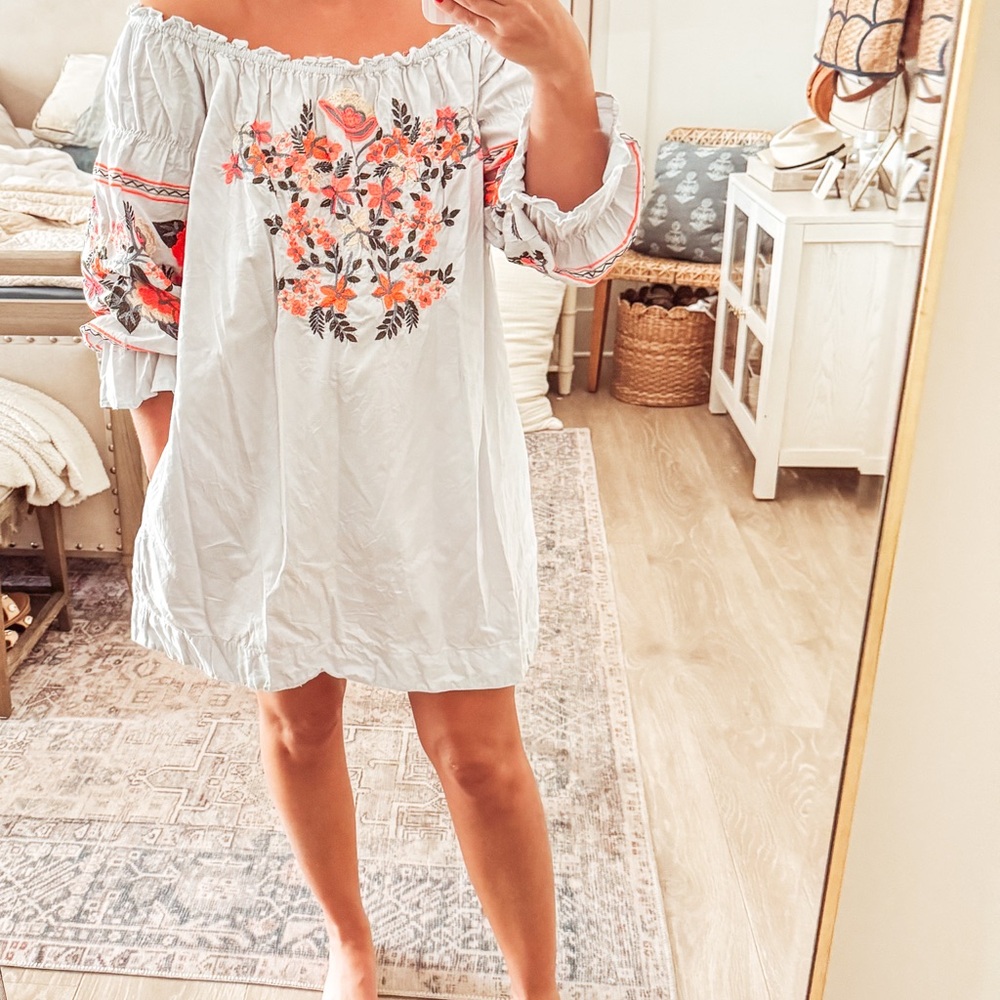 Free People baby blue  Off-Shoulder Dress with Floral Embroidery
